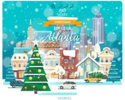 Feliz Navidad y Feliz Año Nuevo en Atlanta. Tarjeta festiva de saludo de los EE.UU. Invierno nevando ciudad con lindas casas acogedoras y copos de nieve.