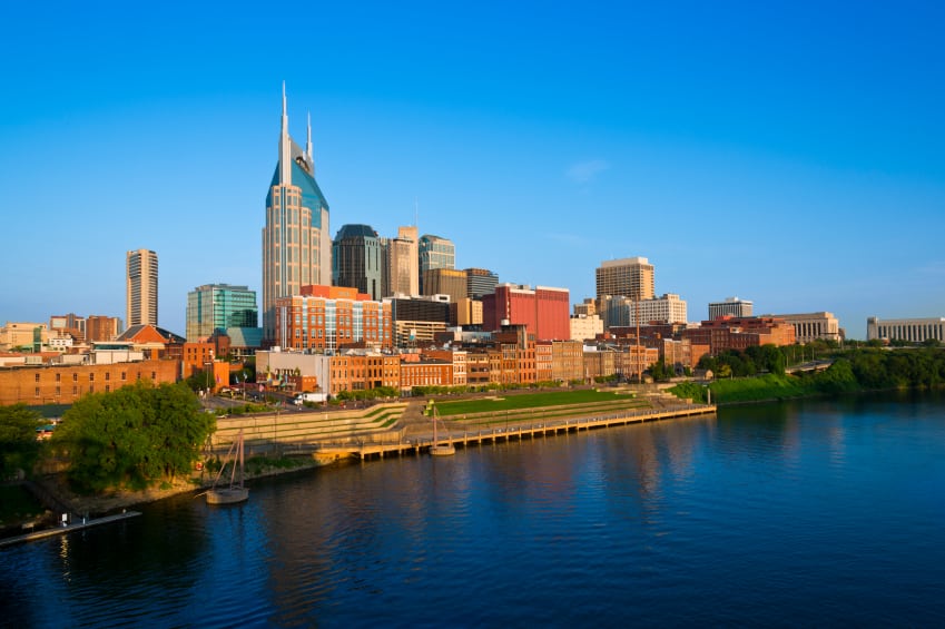 photo of the nashville skyline and cumberland river