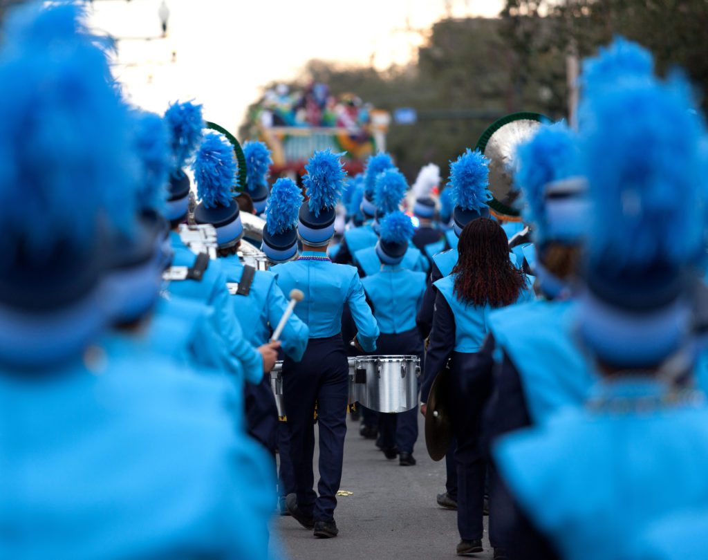 A marching band performing at one of the best Thanksgiving day parades in America. 