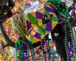 Máscara colgada en el poste durante el Mardi Gras en Nueva Orleans
