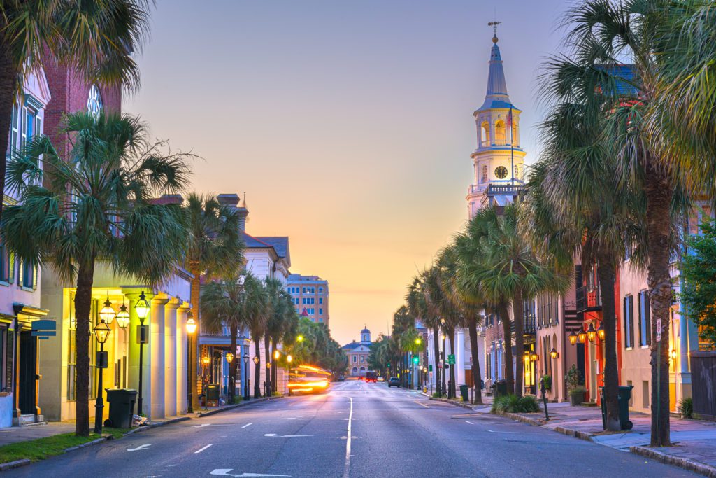 looking down the street in the french quarter district of charleston