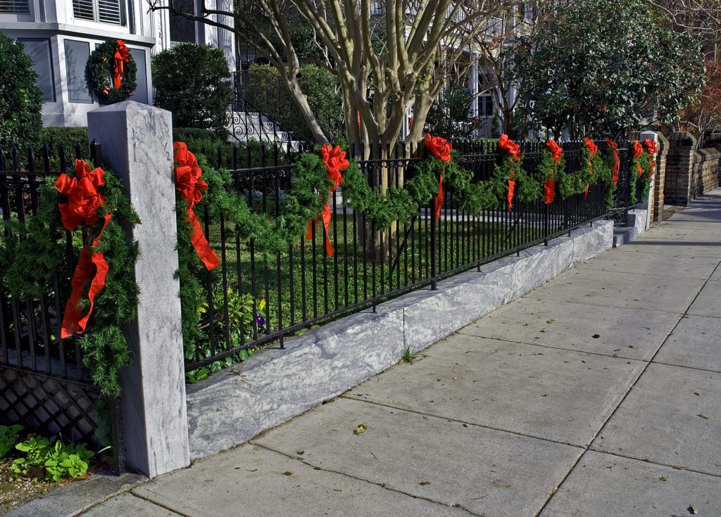 Wrought Iron Fence Decorated for Christmas in charleston