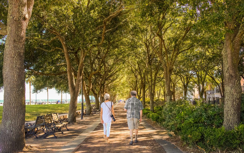 a couple strolling through waterfront park in charleston 