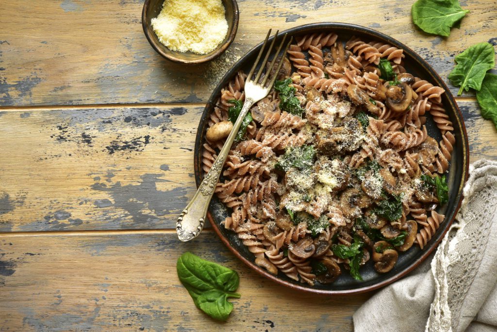 mushroom and swiss chard pasta is a great winter meal to make on a budget